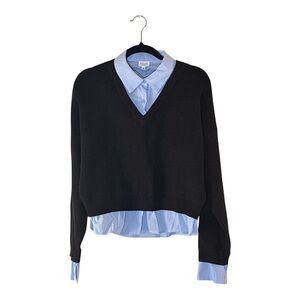 Le Lis Black V-Neck Layered Sweater with Blue Collar Medium
